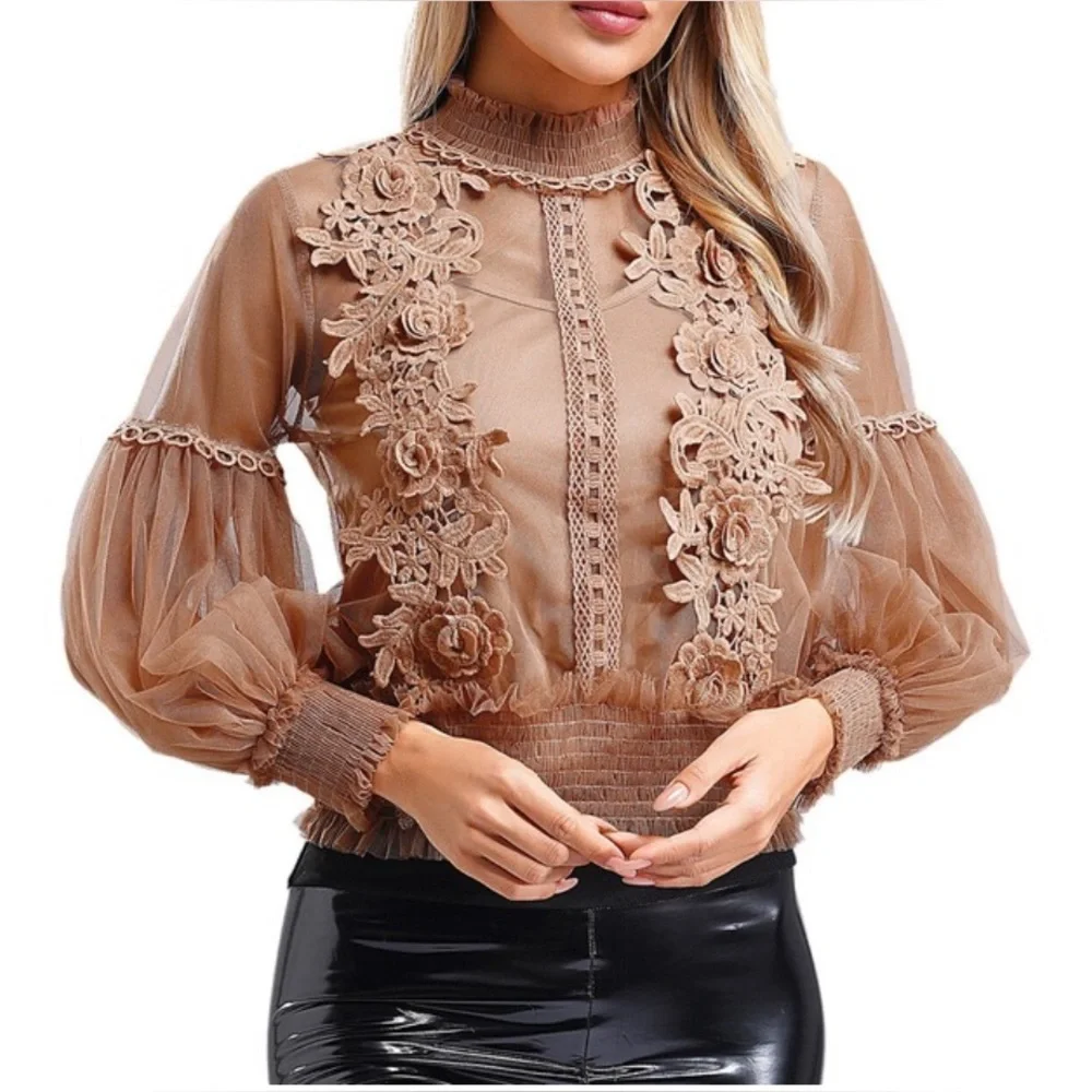 Molly Bracken Floral Lace Sheer Blouse Tan Long Lantern Sleeves Tops Mesh - Picture 3 of 11